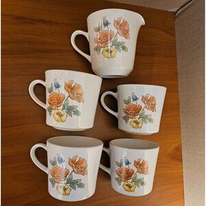 Vintage Corning Cornerstone 4 Mugs & Creamer Set. Royal Garden Pattern 70's Vibe